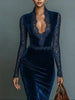 Elegant Deep V-Neck Lace Trim Party Dress Women's Slim Fit Velvet Long Sleeve Bodycon Hip Autumn Spring Sexy Sheer Dress