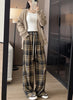 Women's High Waist Plaid Trousers Autumn Winter Korean Retro Straight Pants Loose Fit Drawstring Wide Leg Trouser Mujer