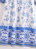 Boho White Blue Totem Print Bow Lacing up Neck Long Straight Dress Women Viscose Cotton Full Sleeve Maxi Robe Holiday