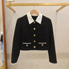 Women's A-Line Short Dress, Wide Leg Pants or Contrasting Collar Long Sleeve Coat Top Black Tweed Gold Buckle Set+Short Robe