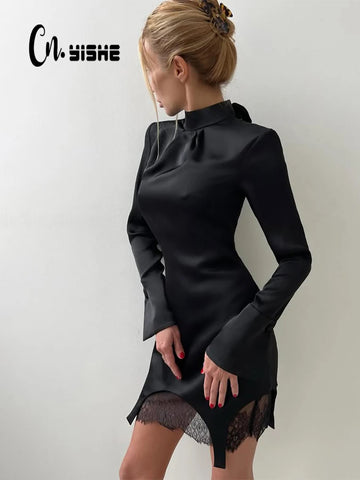 Lace Patchwork Elegant High Collar Sexy Club Outfits Women Dresses Sheath Long Sleeve Solid Zipper Bodycon Female Robes