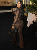 Sexy 2 Piece Set Women See Through Midnight Party Full Sleeve Crop Tops+Pants Matching Clubwear Skinny Autumn Outfits