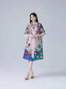 Printting Women's Pleated Dress Turn Down Collar Single Breasted Elastic Loose Long Sleeve Dresses 2DB8280
