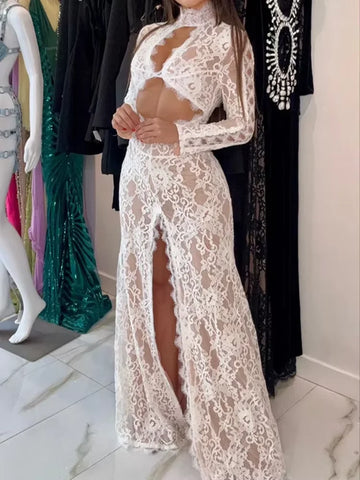 Lace Women Long Dresses Hollow Out Solid Sexy Full Sleeves Slit Stand Collar Street Style For Female Casual
