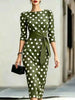 Elegant Women Office Party Midi Dress Polka Dot 3/4 Sleeve Pencil Dresses Spring Round Neck With Belt Slim Dress Robe