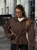 Solid Lace Up Short Trench Coat Lady Chic Stand Collar Wide Shoulder Full Sleeve Loose Coats Daily Casual Windbreaker