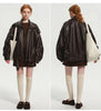 Spring Autumn Cool Brown Oversized Pu Leather Jacket Women Long Sleeve Zip Up Designer American Retro Clothing