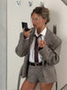 Retro Checked Lapel Jacket Shorts Set Women Full Sleeve Belted Buttons Pockets Blazer Suit Lady Commute Street Outfits