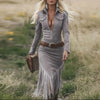 Western Retro Solid Suede Spliced Tassel Dress Woman Sexy Hollow Zipper Lapel Party Dress Autumn Long Sleeve Slim Bodycon Dress