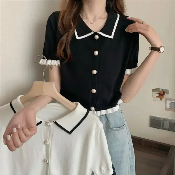 Women's Stylish Clothing Knitting Button Short Tops Tees Patchwork Striped Jacket Girls Y2k Clothing Korean Sweater Short Shirt