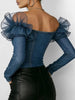 Retro Denim Off-shoulder Top for Women Mesh Ruffles Long Sleeve Single-breasted Blouses Street Slim Fit Jean Shirt