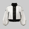 Women's PU Leather Stand Collar Y2K Jackets Puff Sleeves Patchwork Zipper Cropped Short Outerwears