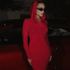 High Street Red Christma Hooded Long Sleeve Maxi Dress for Woman Slim Solid Bodycon Party Vestidos Elegant Autumn Dresses