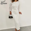 Elegant White O-Neck Womens Dresses Wrist Sleeve Single Breasted Dresses Casual High Waisted Ankle-Length Dress