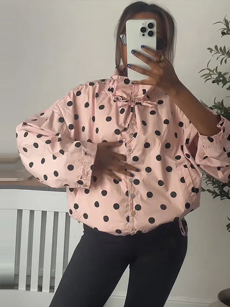 Pink Polka Dot Jacket For Women Casual Stand Collar Long Sleeve Button Loose Coat Lady Spring Chic Street Outerwear