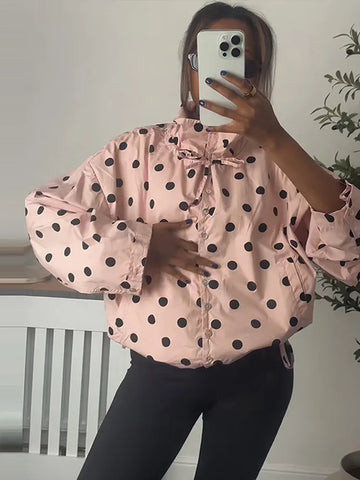 Pink Polka Dot Jacket For Women Casual Stand Collar Long Sleeve Button Loose Coat Lady Spring Chic Street Outerwear