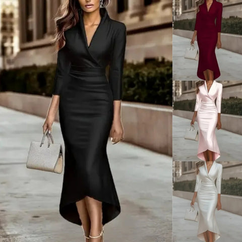 French Women's V-neck Dress Satin Light Elegant Female High Waist Slim Long Sleeve Office Lady Midi Skirt