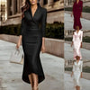 French Women's V-neck Dress Satin Light Elegant Female High Waist Slim Long Sleeve Office Lady Midi Skirt