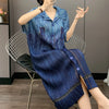 Pleated Faux Denim Dress Women's Chic Single Breasted Lapel Half Sleeve Mid-Length Dresses Loose Casual 2DB4371
