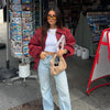 Women Stand Collar Leather Pilot Jacket Red Zipper Cropped Coat Casual Outerwear Streetwear