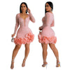 Women Dress Diamonds Splice Ruffles Mini Dresses Square Collar Full Sleeve Slim Fit Sold Evening Party Vestidos Elegant Ladies