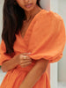 100% Cotton V-neck Waist Cinched Dress Unique Lantern Sleeve Sexy Slit Long Skirt Women's Casual Dresses