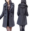 Winter Warm Mid-length Woolen Coat Women's Fall & Winter Long Sleeve Cotton Jacket with Hood Double-breasted Outerwear