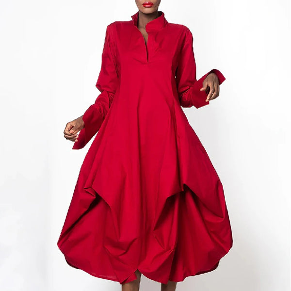 Spring Women Elegant Red Party Evening Midi Dresses Long Sleeves Loose Solid Color Stand Collar Prom Gown