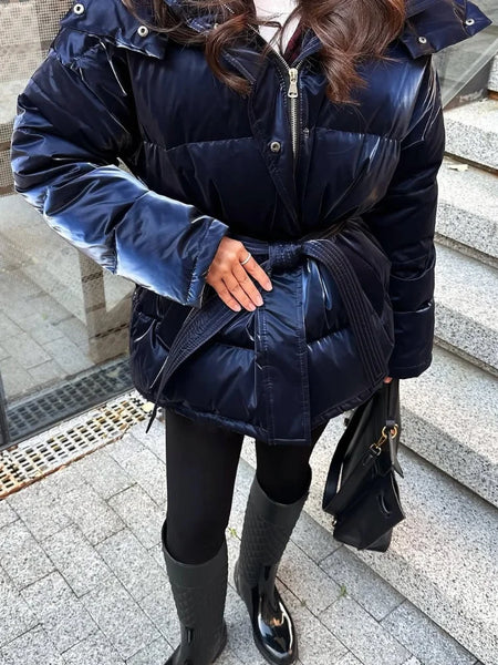 Chic Shiny Hooded Cotton Jacket With Belt Women Elegant Long Sleeve Zipper Lace Up Coats Lady Winter Street Warm Outerwear