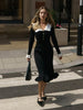 Ruffled Patchwork Knit Maxi Dress For Women Elegant Ribbed Long Sleeve Party Dress Gown Slim Knitwear Long Dress