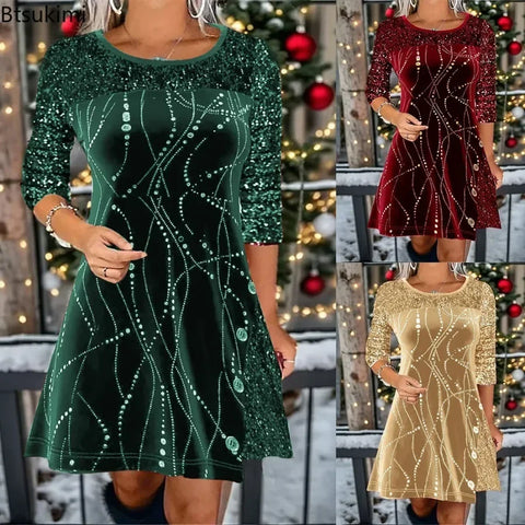 Women's Print Casual Christmas Dress Vintage Chic Pattern Mini Dresses Autumn Winter Sequins Club Party Dress