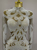 Elegant Evening Gown AB Rhinestones Pearls Long Sleeves Mesh Dress Women Cocktail Party Wedding Costume