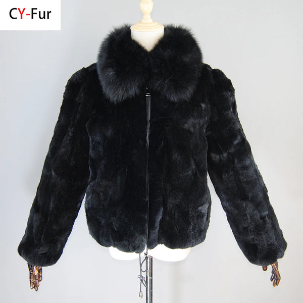 Lady 100% Natural Rex Rabbit Fur Coat Women Winter Thick Warm Real Rex Rabbit Fur Jacket With Quality Fox Fur Collar