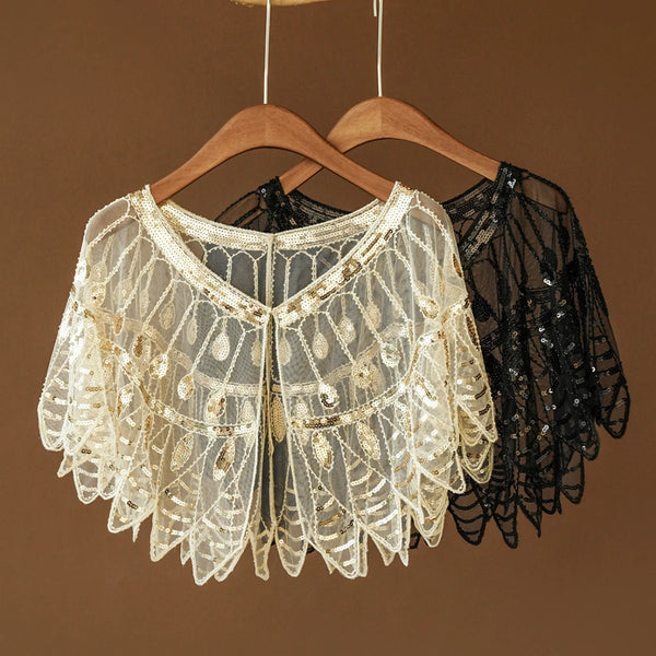 1920s Retro Leaf Beaded Sequin Flapper Shawl Loose Decoration Outerwear Short Cape Evening Party Ladies Cloak Shawl Black