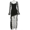 Mesh Patchwork Long Dresses Women Autumn Square Collar Flared Sleeve Ruffle Ribbon Street Sexy