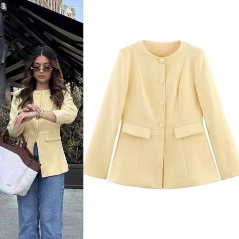 women's elegant retro round neck cut waist slit long-sleeved casual suit jacket