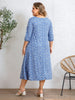 Plus Size Women's Blue White Floral Dress Tie Round Neck 3/4 Sleeve Loose
