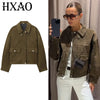 Green Faux Suede Jacket Women's Bomber Jacket Autumn Coats & Jackets Chic Elegant Pockets Long Sleeve Outerwear