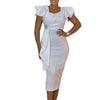 Women Short Ruffles Sleeve O-neck Ribbon Bodycon Midi Dress Street Africa OL Evening Sexy Party Dresses Vestido