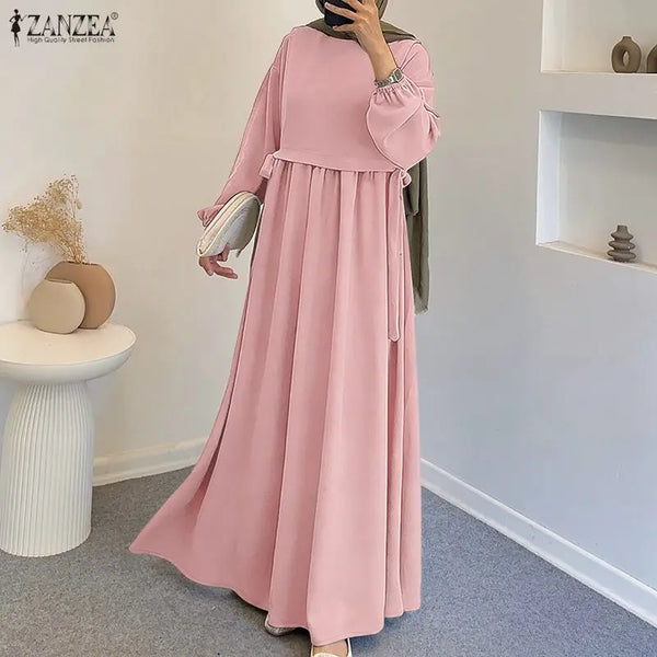 Muslim Kaftan Long Dress Hijabs Women Lantern Sleeves Lace-Up Solid Color Pleated Maxi Dress Islamic Woman Abaya Robes