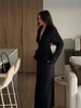 Women's Black Ruched Lace-up Blazer Co Ord Set Notched Collar Long Sleeve Cinch Waist Wide Leg Pants Casual Matching Suit