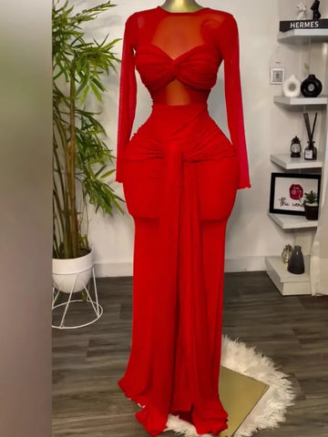 Women's Long Dresses Sexy Round Neck Full Sleeve High Waist Elegant Splice Bodycon Evening Vestidos Maxi Party Night Dress