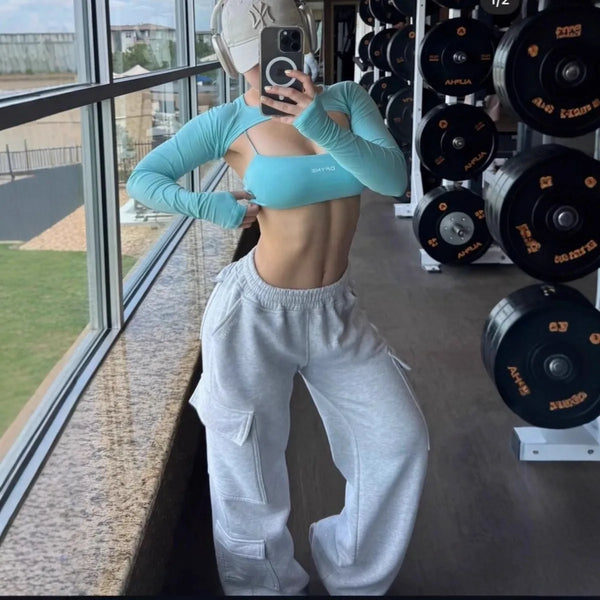 Women‘s Wide Leg Cargo Pants Elastic Waistband with Large Pockets Casual Fitness Sportswear Y2k Long Pants