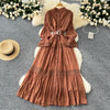 Chic Lace Slim Stand Collar Long Sleeve Spliced Single Breasted Dress High Street Vintage Evening Women Autumn Winter Clothing
