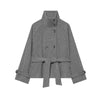 Grey Lace Up Short Woolen Coat Women Chic Solid Stand Collar Double Breasted Pocket Slim Jacket Lady Commute Street Wear