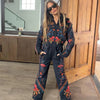 Printed Hooded Puffer Coat Suspender Ski Pants Zip‑Up Slim Fit Winter Women Snow Outfit Warm Lady Two‑Piece Ski Set