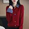 Fake Two Piece Spliced Sweater Jacket Women Autumn Long Sleeve Loose Shirt Collar Knitted Cardigan Ladies Casual Knit Female