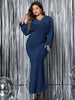 Plus Size V-Neck Long Sleeve Mermaid Hem Dress Women Autumn Evening Party Glitter High Waist Bodycon Long Dress