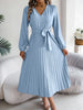 Spring Autumn Elegant Buttons V Neck Lantern Long Sleeve Lace Up Pleated Dress Khaki Blue Red Green Black Women Dresses