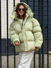 Women All Over Print Hooded Puffer Jacket Loose Oversized Zip Up Winter Warm Coat Detachable Streetwear Casual Outerwear